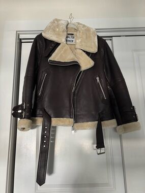 Walter Baker Dark Brown Leather Shearling Aviator Jacket with Cream Trim